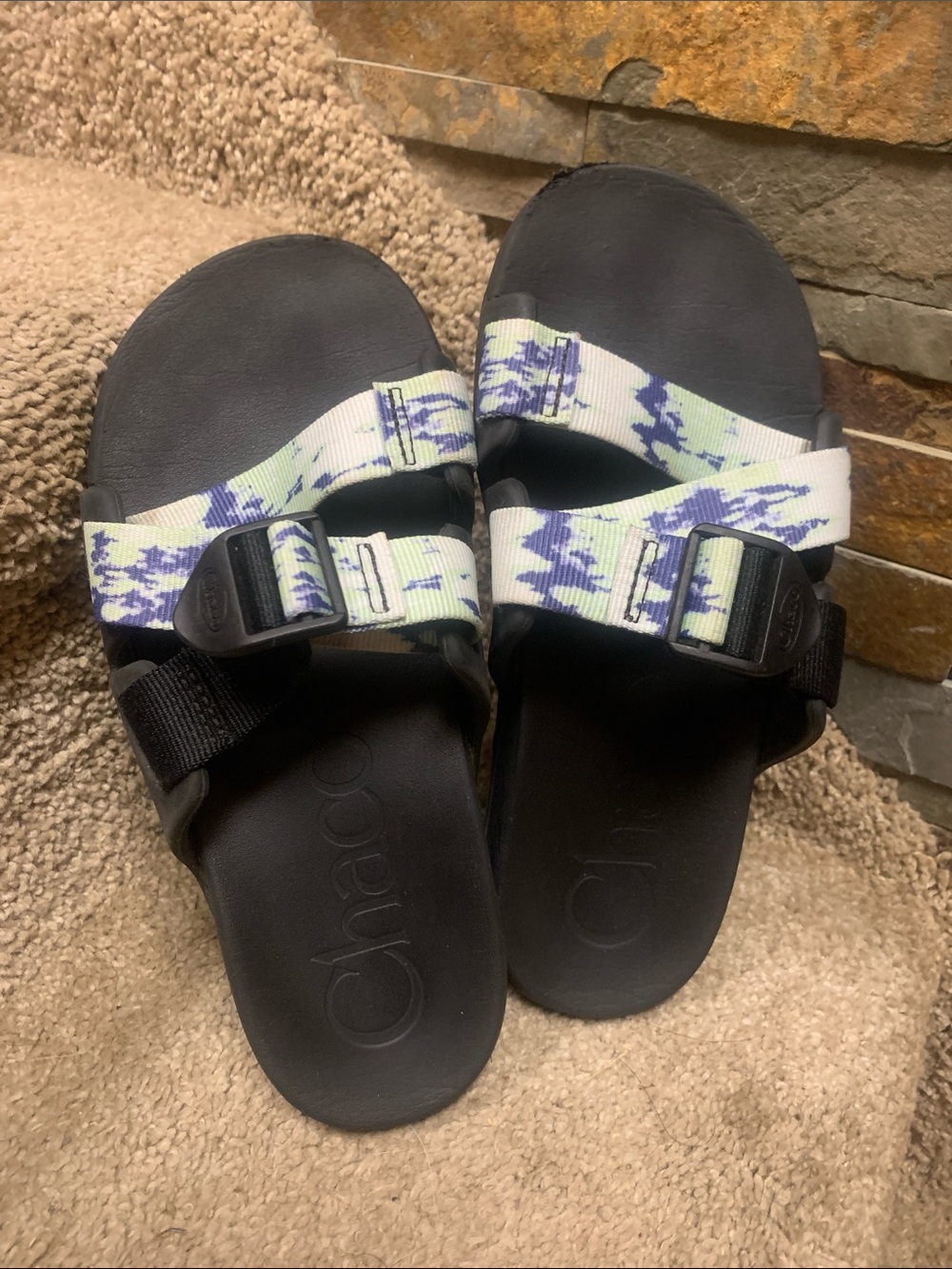 Chaco Black Slide Sandals with Blue and White Patterned Straps 7w